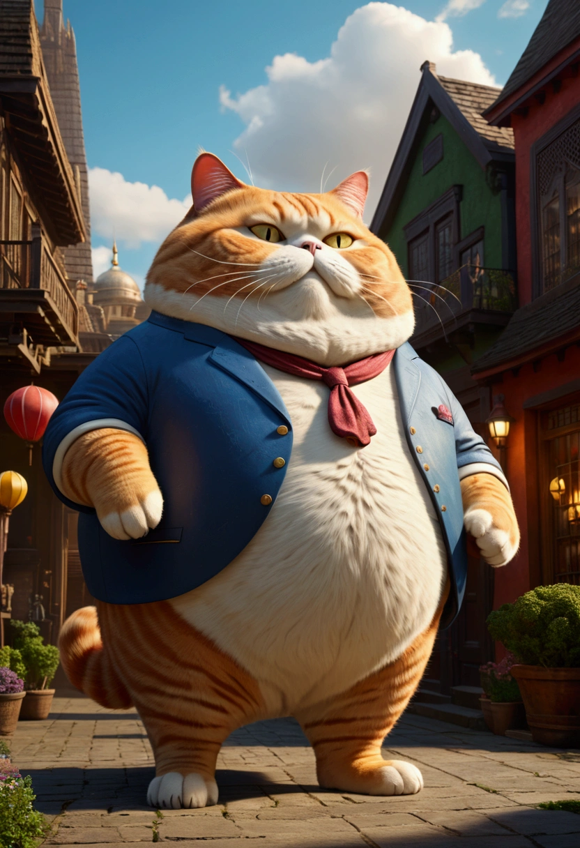 Giant fat Cat, full body, outdoor, by Scott Wills, cinematic still, (best quality, masterpiece), very aesthetic, perfect composition, intricate details, ultra-detailed, vivid colors