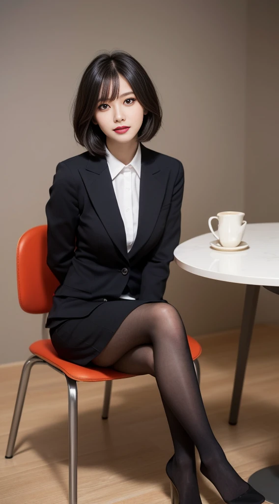 tabletop, best qualityer, illustration, ultra detali, fine-details, high resolution, 8 k wallpaper, perfect dynamic composition, beautiful detailed eyes, business suits, Black Skirt, Short hair bob cut，Natural color lips, Sit on a chair and cross your legs, pretty legs, ssmile、 de 25 anos，red eye shadow，Wearing black socks，