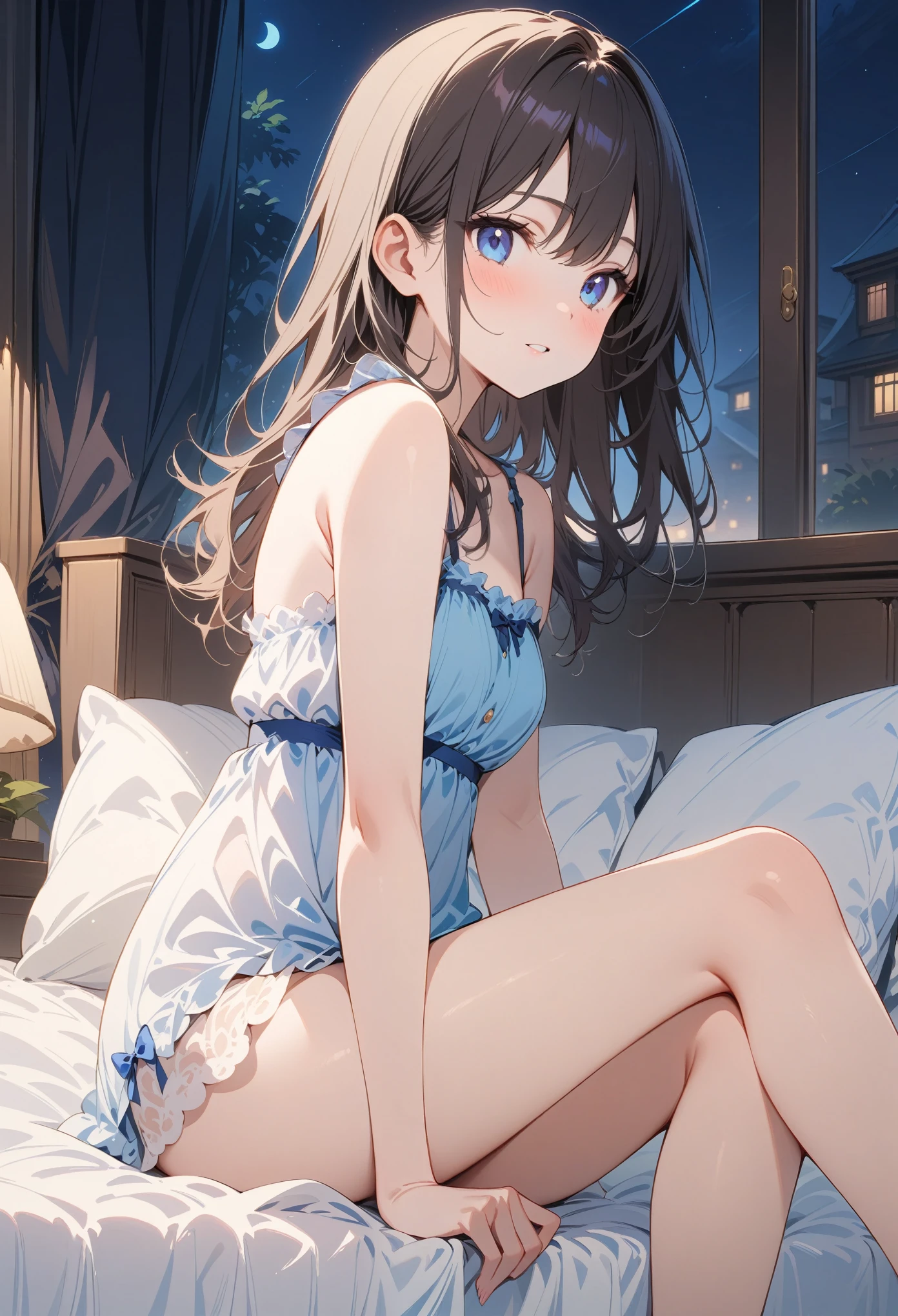 high quality,, 最high quality、 Stylish design, (((The most beautiful girl))), ((Thin legs))、(((最high quality))), High resolution, ((detailed)), ((masterpiece)), ((Super detailed)), 16-year-old girl、lingerie、Black Hair、Inner Color、((At the bed,night)),((Sexual))