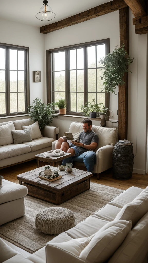 The picture shows a cozy living room scene with a couple relaxing together on a white sofa. The man is sitting upright, leaning back comfortably, while the woman is lying down with her head resting on his lap. They both appear content and are looking at a smartphone the woman is holding. The room has a light and airy feel, with a large window allowing natural light to fill the space. There's an air conditioning unit mounted on the wall behind them. The wall has a rustic, partially distressed look, adding character to the room. There's also a side table with decorative items, a potted plant, and a floor lamp in the background. The overall atmosphere is relaxed and intimate.