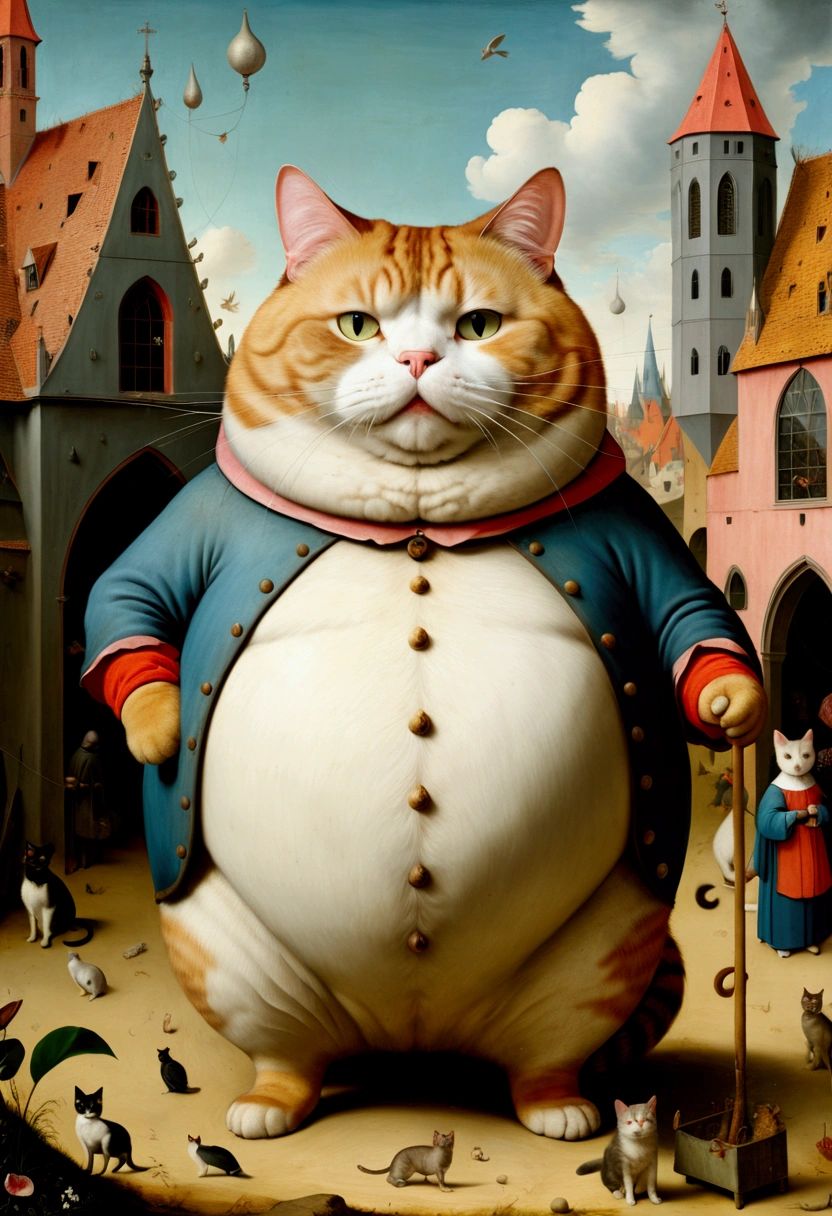 Giant fat Cat, full body, outdoor, by Dan Matutina, cinematic still, (best quality, masterpiece), very aesthetic, perfect composition, intricate details, ultra-detailed, vivid colors