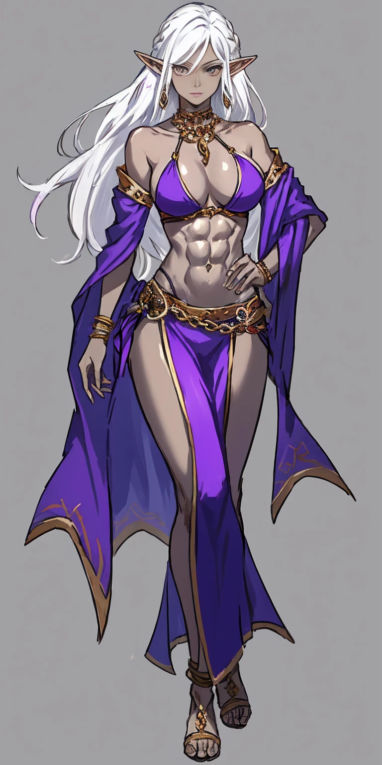 Appearance
Gender: Female
Age: Mature
Race: Drow (elf with dark skin and white hair)
Height: Full-body
Skin: Gray
Skin: Gray
Background: Plain Gray
Eyes: Purple
Attire: Bikini, revealing abdominal muscles
Accessories: Large earrings, ragged rags, chain necklace