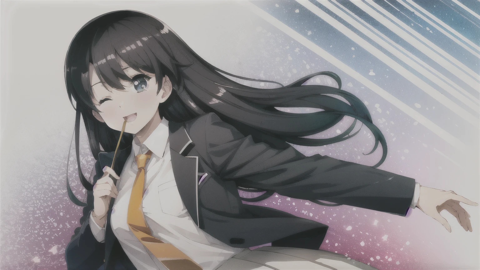 1People Girls,View your viewers, smile, skirt, ,shirt, Long sleeve, Holding, Mouth closed,Use your phone , Black Hair, Jacket, white shirt, Upper Body, pleated skirt, Open clothes, tie,