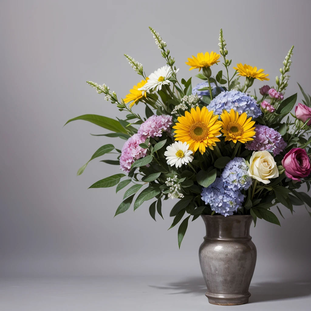 A beautiful bluster of flowers, with bright and juicy colors, stands in a vase, the background gray without details.