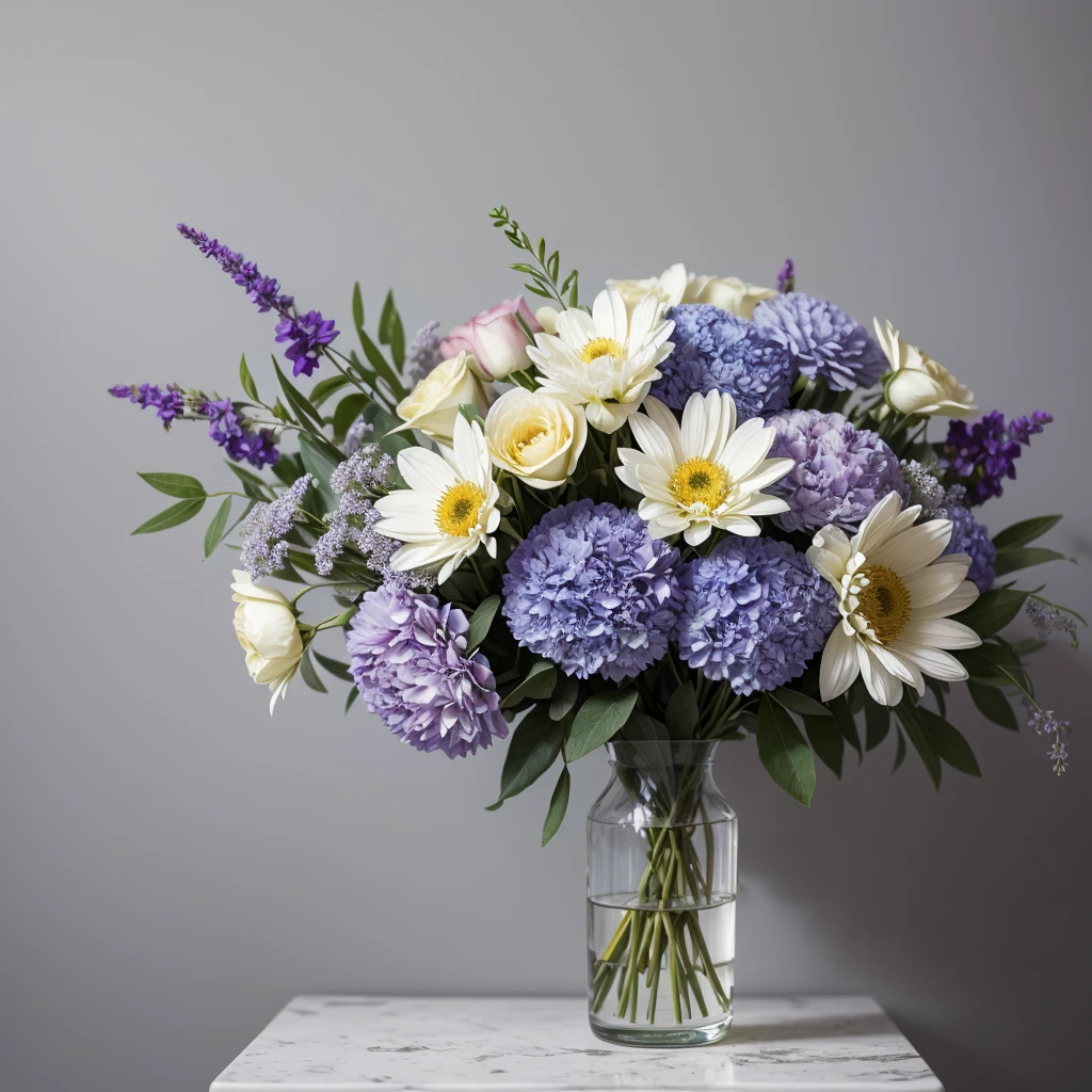 A beautiful bluster of flowers, with bright and juicy colors, stands in a vase, the background gray without details. 