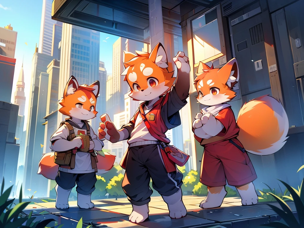 Red Panda Boy,8k resolution,Furry, Uniform attire,Red collar,feetは二つ,feetで立つ! towering,lanky,lanky,:slim body,:tall hands,feet,It's bright outside,Collapsed City,building,broken,・split arms,・bad anatomy,・bad body,Skyscrapers seen from the balcony