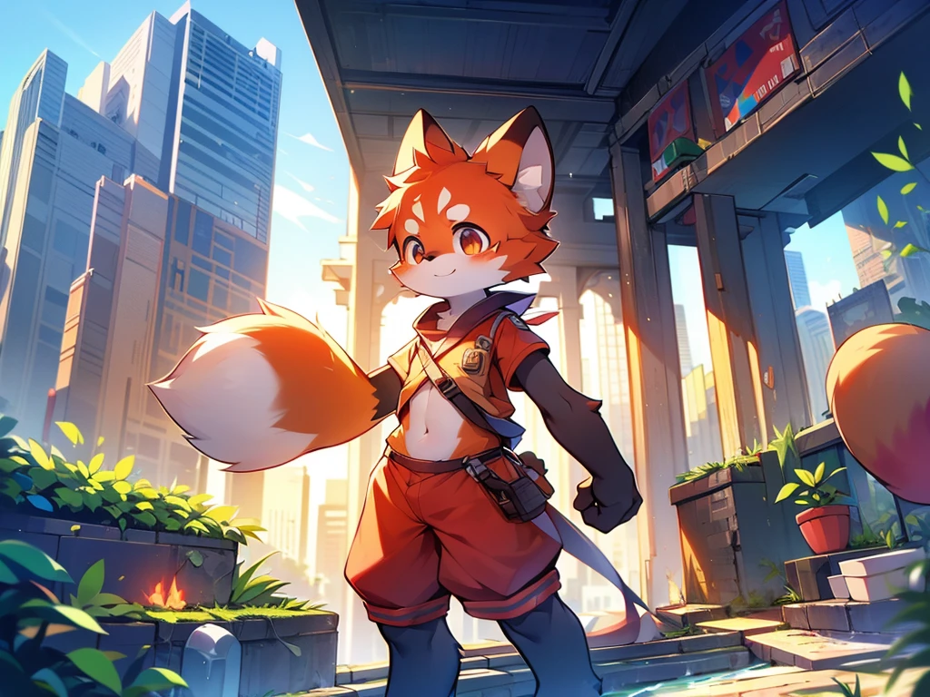 Red Panda Boy,8k resolution,Furry,          Uniform attire,Red collar,feetは二つ,feetで立つ！                   towering,lanky,lanky,：slim body,：tall hands,feet,It's bright outside,Collapsed City,building,broken,・split arms,・bad anatomy,・bad body,Skyscrapers seen from the balcony
