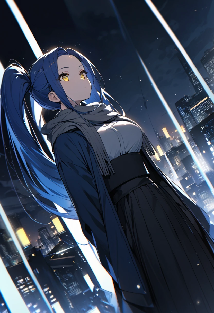 (One very tall woman,Navy Blue Hair,Her hairstyle is twin tails that expose her forehead.,yellow eyes,Medium Bust, Dynamic Angle)Black haori,Black Hakama,Wear a grey scarf around your neck,The background is a night city