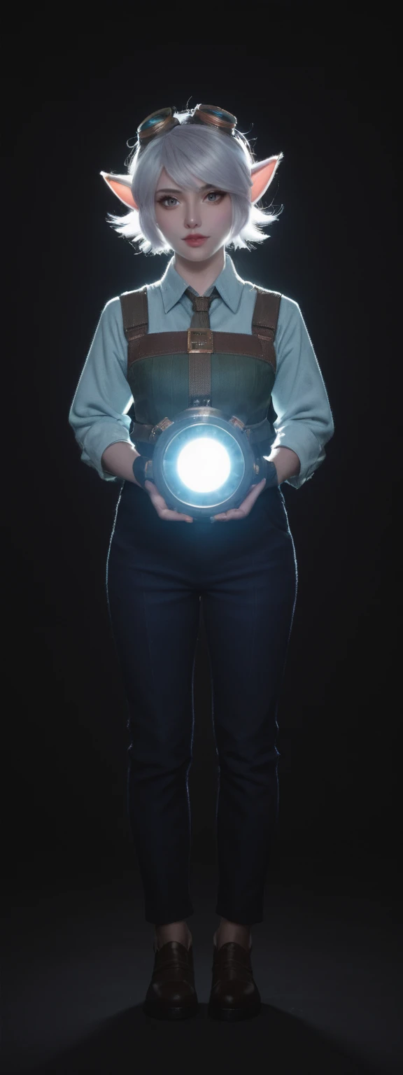cinematic film, Realistic photograph,realistic, score_9, score_8_up, score_7_up, score_6_up,
1girl, solo, from front, full body, Tristana \(league of legends\), black background, makeup, sidelighting, backlighting, glowing,