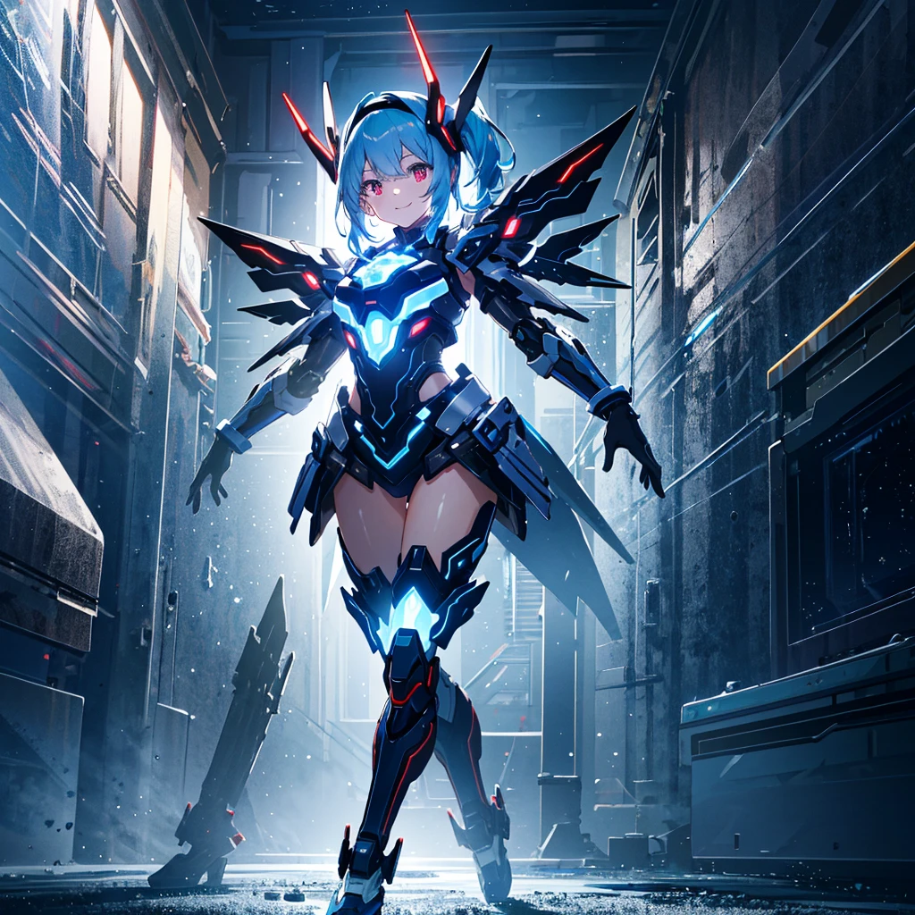 best quality, ultra detailed 8k cg render,,masterpiece, high resolution, extremely detailed,official art,science fiction, ice background,ice,(very wide shot),light and shadow,dynamic lighting,1 girl,solo,full body,attractive face ,(dancing:1.2),spread arms,looking at looking at viewer,smile,blue hair,side ponytail,black hairred eyes, long eyelashes,red eyes,straight eyeliner,tiny girl,see-through dress,
glowing, glow white,mecha musume, headgear,(highly detailed full blue armor),a heavy mech with massive and strong design,
