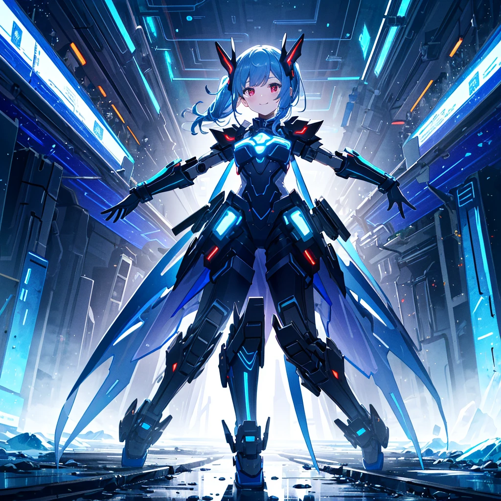 best quality, ultra detailed 8k cg render,,masterpiece, high resolution, extremely detailed,official art,science fiction, ice background,ice,(very wide shot),light and shadow,dynamic lighting,1 girl,solo,full body,attractive face ,(dancing:1.2),spread arms,looking at looking at viewer,smile,blue hair,side ponytail,black hairred eyes, long eyelashes,red eyes,straight eyeliner,tiny girl,see-through dress,
glowing, glow white,mecha musume, headgear,(highly detailed full blue armor),a heavy mech with massive and strong design,