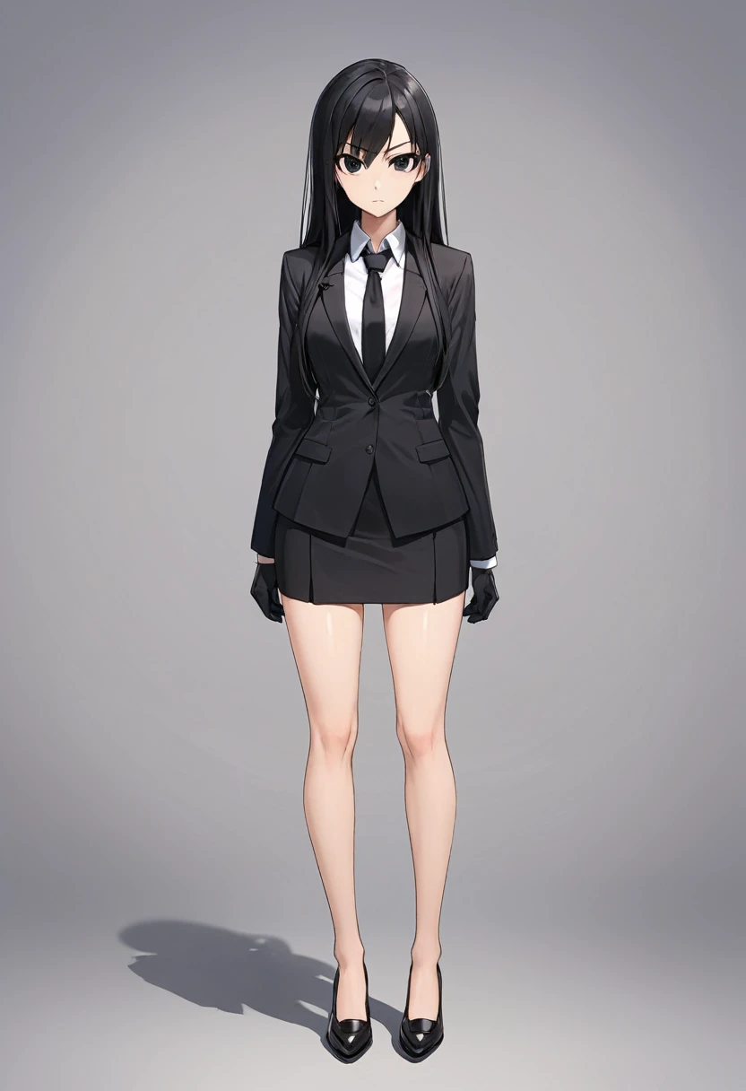 Black miniskirt ,shoes, dress shirt , pencil skirt , black long tie , assassin , whole body ,business attire , Black gloves , shorts blazer , bare legs , black hair , black eyes , straight hair , thighs , whole body , standing posture , face