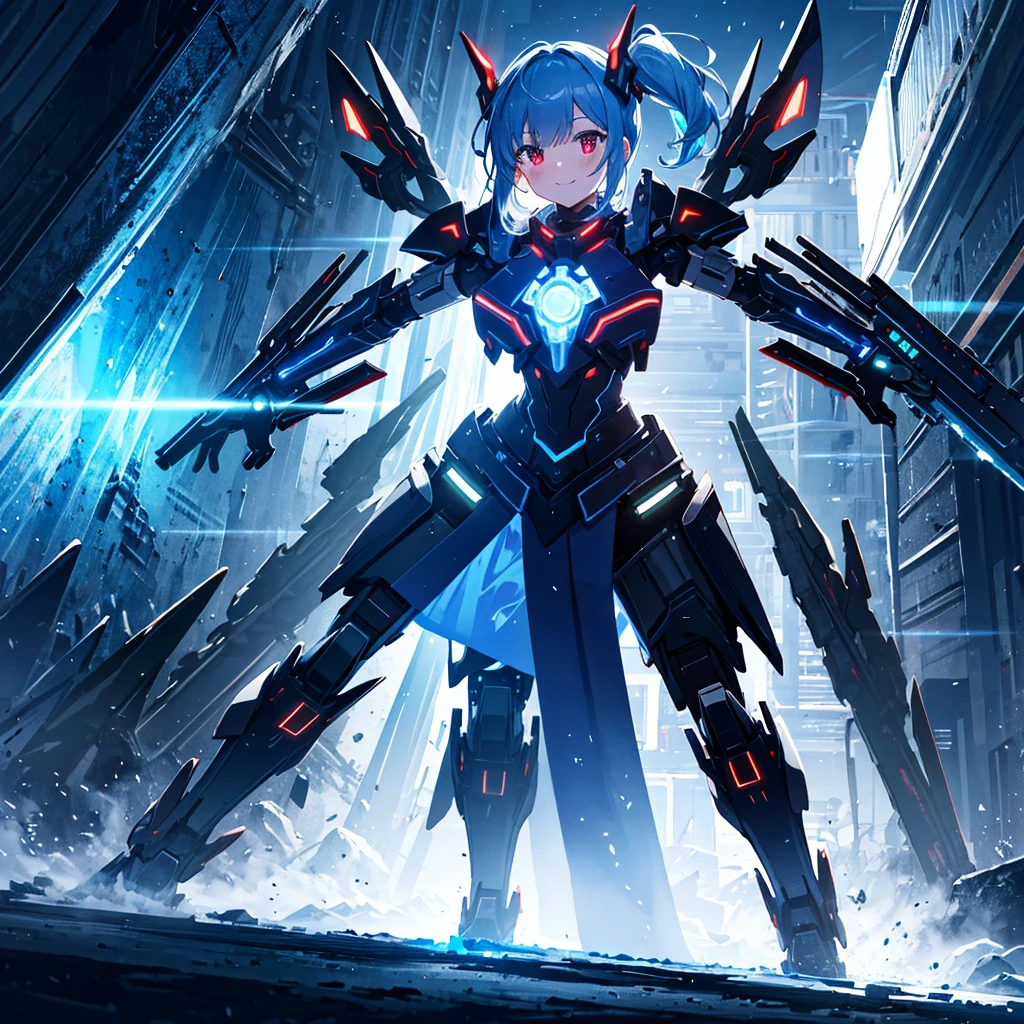 best quality, ultra detailed 8k cg render,,masterpiece, high resolution, extremely detailed,official art,science fiction, ice background,ice,(very wide shot),light and shadow,dynamic lighting,1 girl,solo,full body,attractive face ,(dancing:1.2),spread arms,looking at looking at viewer,smile,blue hair,side ponytail,black hairred eyes, long eyelashes,red eyes,straight eyeliner,tiny girl,see-through dress,
glowing, glow white,mecha musume, headgear,(highly detailed full blue armor),a heavy mech with massive and strong design,
