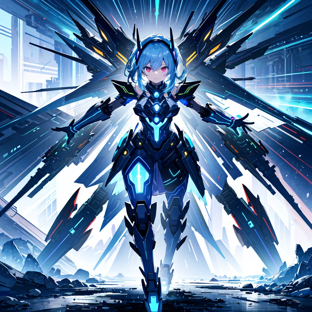 best quality, ultra detailed 8k cg render,,masterpiece, high resolution, extremely detailed,official art,science fiction, ice background,ice,(very wide shot),light and shadow,dynamic lighting,1 girl,solo,full body,attractive face ,(dancing:1.2),spread arms,looking at looking at viewer,smile,blue hair,side ponytail,black hairred eyes, long eyelashes,red eyes,straight eyeliner,tiny girl,see-through dress,
glowing, glow white,mecha musume, headgear,(highly detailed full blue armor),a heavy mech with massive and strong design,