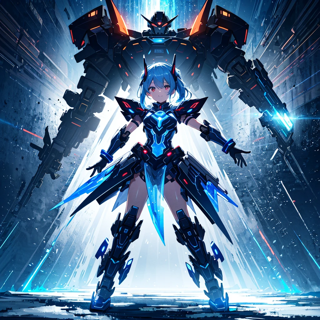 best quality, ultra detailed 8k cg render,,masterpiece, high resolution, extremely detailed,official art,science fiction, ice background,ice,(very wide shot),light and shadow,dynamic lighting,1 girl,solo,full body,attractive face ,(dancing:1.2),spread arms,looking at looking at viewer,smile,blue hair,side ponytail,black hairred eyes, long eyelashes,red eyes,straight eyeliner,tiny girl,see-through dress,
glowing, glow white,mecha musume, headgear,(highly detailed full blue armor),a heavy mech with massive and strong design,