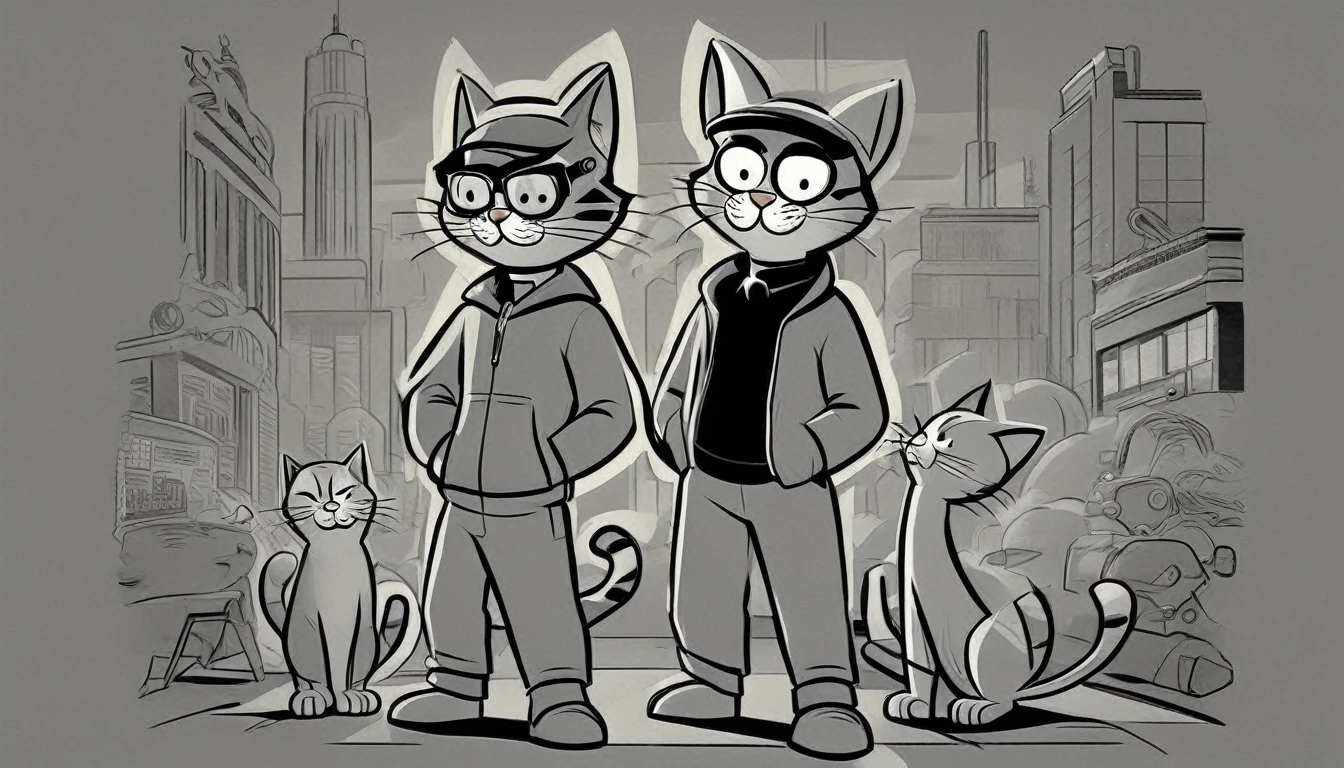 Generate an image in the style of a 1950s and 1960s advertisement featuring: personagem: two cats (like the vault boy) professioals hackers, like a super hero squad using a black hoodie and black glasses. The background should be simple and uncluttered. Use only this cores: limited color palette of gray tones Use: clear lines, thick lines, and bold outlines
