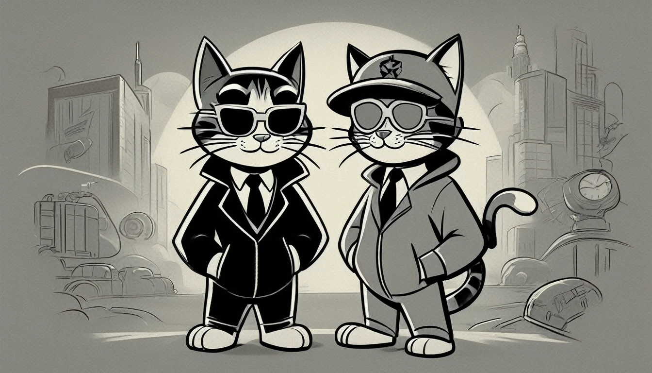 Generate an image in the style of a 1950s and 1960s advertisement featuring: personagem: two cats (like the vault boy) professioals hackers, like a super hero squad using a black hoodie and black glasses. The background should be simple and uncluttered. Use only this cores: limited color palette of gray tones Use: clear lines, thick lines, and bold outlines
