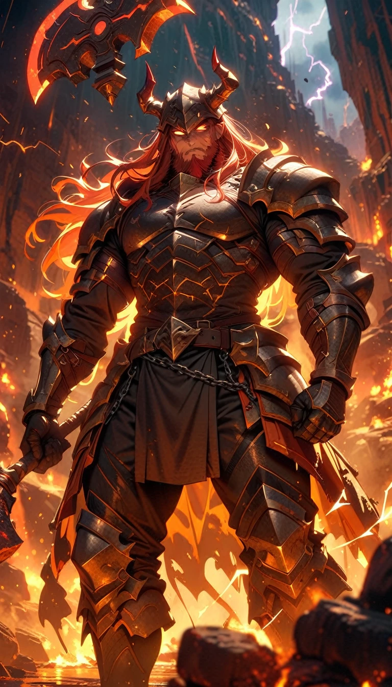 ((best quality)) , ((masterpiece)) , (detailed),axe, 1boy, male focus, horns, glowing eyes, holding, beard, glowing, solo, weapon, holding axe, facial hair, muscular, fire, holding weapon, chain, looking at viewer, long hair, lightning, muscular male, red hair, horned helmet, armor, helmet, belt, fake horns, molten rock, feet out of frame, standing, battle axe, electricity