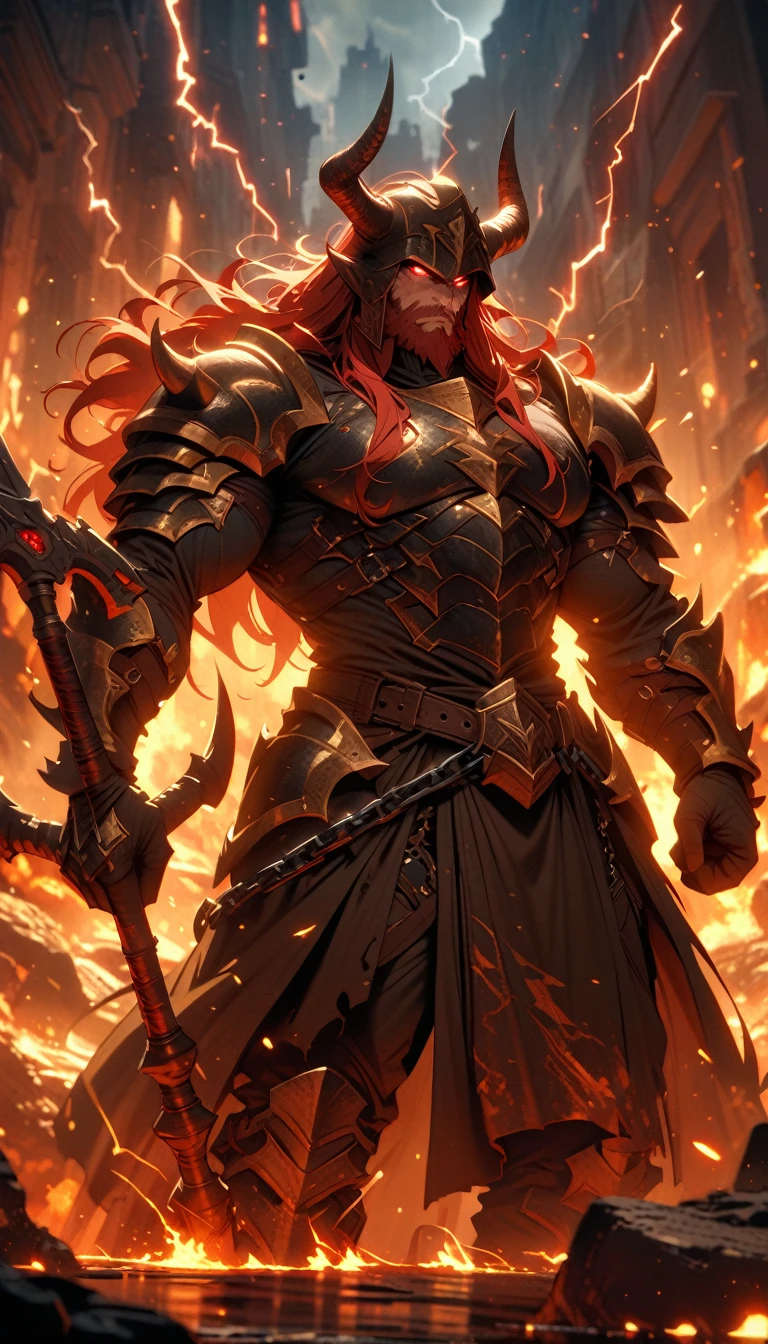 ((best quality)) , ((masterpiece)) , (detailed)，axe, 1boy, male focus, horns, glowing eyes, holding, beard, glowing, solo, weapon, holding axe, facial hair, muscular, fire, holding weapon, chain, looking at viewer, long hair, lightning, muscular male, red hair, horned helmet, armor, helmet, belt, fake horns, molten rock, feet out of frame, standing, battle axe, electricity