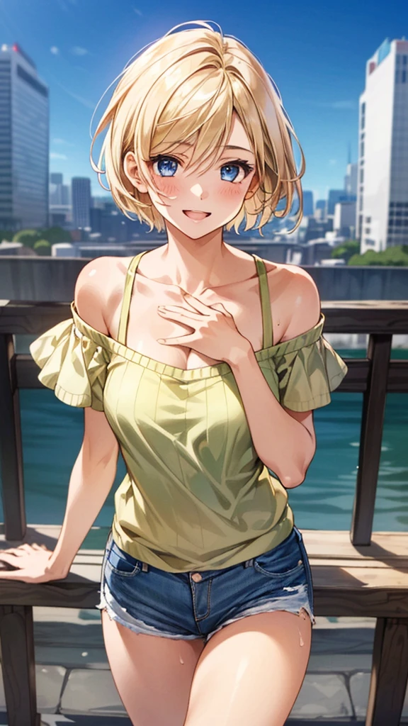(masterpiece:1.3, Highest quality, Ultra-high resolution, Super detailed), (Realistic:1.1, photoRealistic:1.4), Beautiful illustrations, Perfect lighting, colorful, Depth of written boundary,
Beautiful detailed hair, Beautifully detailed face, Beautiful attention to detail, Beautiful clavicle, Beautiful body, Beautiful breasts, Beautiful thighs, Beautiful feet, Beautiful fingers,
View your viewers, 1 girl, Japanese, high school girl, Perfect Face, (Perfect Anatomy, Anatomically correct), Cute and symmetrical face, Baby Face, Sunburn, Glowing Skin,
(short hair:1.5, Bobcut:1.2, Ash Blonde Hair), Hair between the eyes, blue eyes, Long eyelashes, (Medium chest), thin,
(Short-sleeved off-shoulder yellow-green sweater, Black tank top, Denim shorts rolled up),
(Beautiful views), evening, (Outdoor, distant cityscape), Are standing, Place your hand on your chest, (Cute smile, Upward glance, Open your mouth),