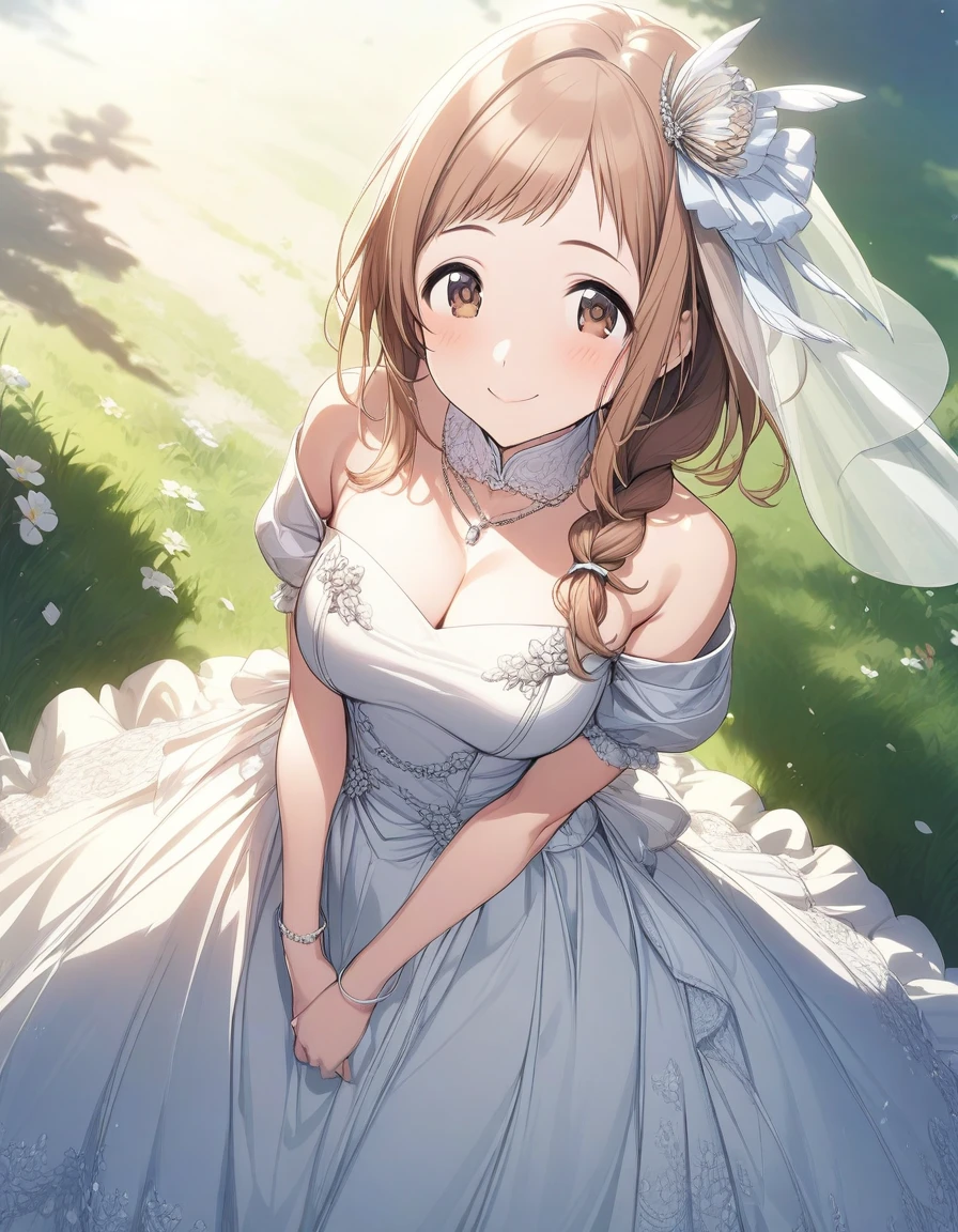 (masterpiece),(best quality),(ultra-detailed),(best illustration),(best shadow),(absurdres),(detailed background),(very aesthetic), 1girl, solo, mano sakuragi, brown eyes, brown hair, medium breasts, smile, hair ribbon, 32k, hair tie, very long hair, braid, hair over shoulder, wedding dress, off shoulder, outdoor, grass ground, veil, diamond necklace, 