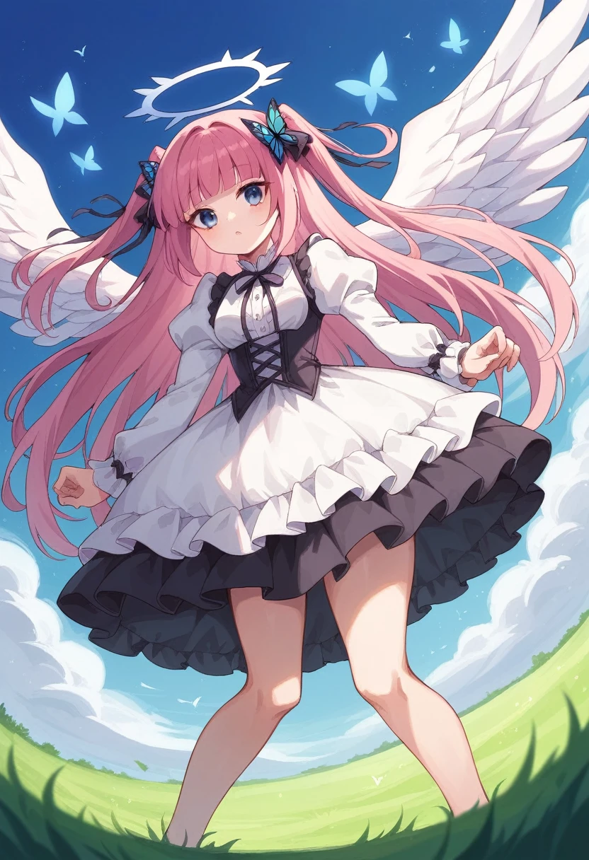 nino nakano,long hair, bangs, blue eyes, hair ornament, hair ribbon, pink hair, blunt bangs, two side up, butterfly hair ornament,long twintails,,Pink and white dress, pixiv, rococo, Victoria Gothic ****ta Fashion, ****ta Style, , rococo dress, ****ta fashion, one-piece,dress,petticoat,dynamic pose, angel wings, frills, tighthighs,halo, blue sky, grassy terrance 