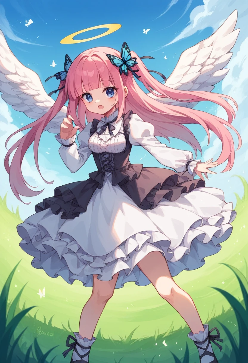 nino nakano,long hair, bangs, blue eyes, hair ornament, hair ribbon, pink hair, blunt bangs, two side up, butterfly hair ornament,long twintails,,Pink and white dress, pixiv, rococo, Victoria Gothic ****ta Fashion, ****ta Style, , rococo dress, ****ta fashion, one-piece,dress,petticoat,dynamic pose, angel wings, frills, tighthighs,halo, blue sky, grassy terrance 