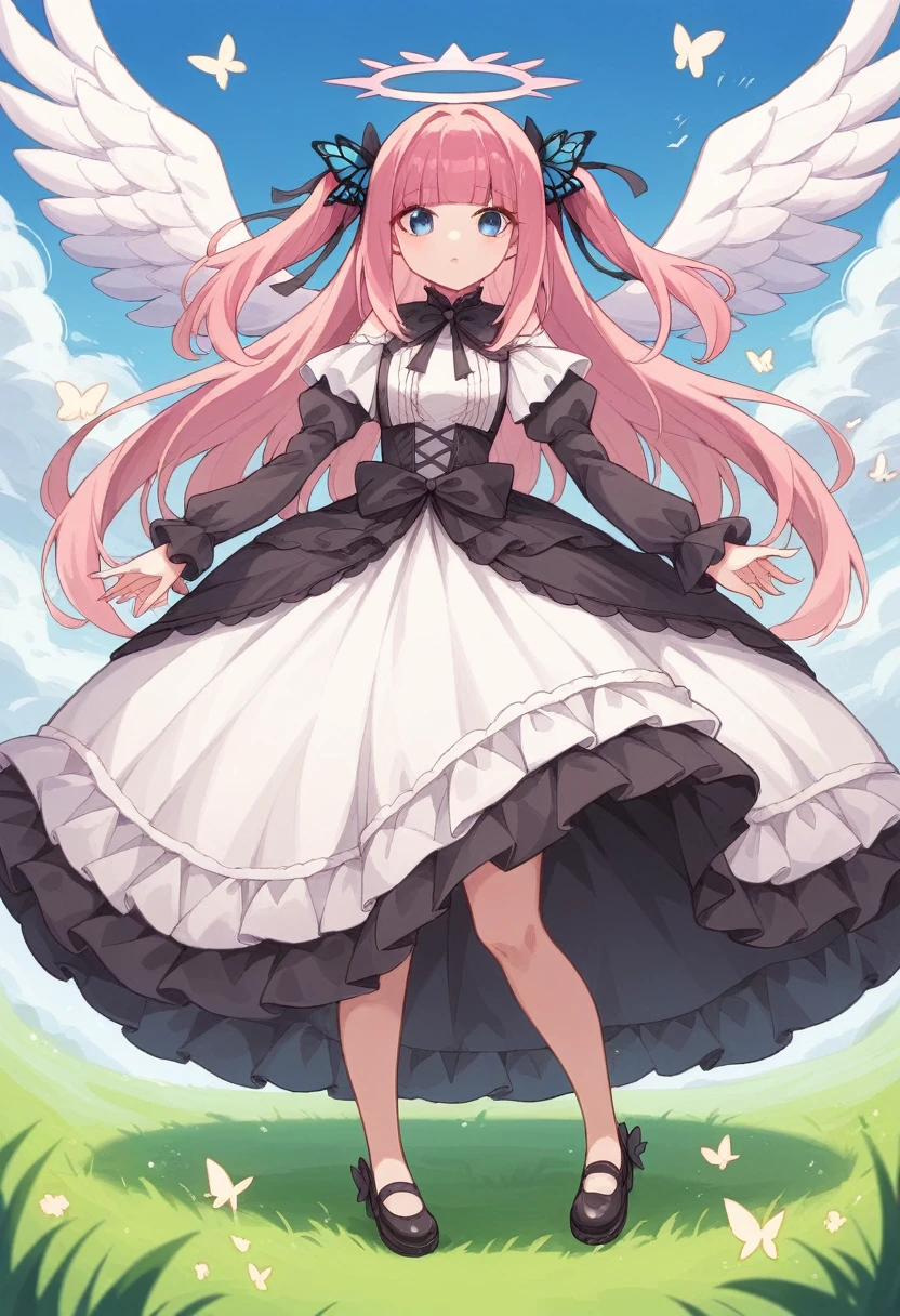 nino nakano,long hair, bangs, blue eyes, hair ornament, hair ribbon, pink hair, blunt bangs, two side up, butterfly hair ornament,long twintails,,Pink and white dress, pixiv, rococo, Victoria Gothic Lolita Fashion, Lolita Style, , rococo dress, lolita fashion, one-piece,dress,petticoat,dynamic pose, angel wings, frills, tighthighs,halo, blue sky, grassy terrance 