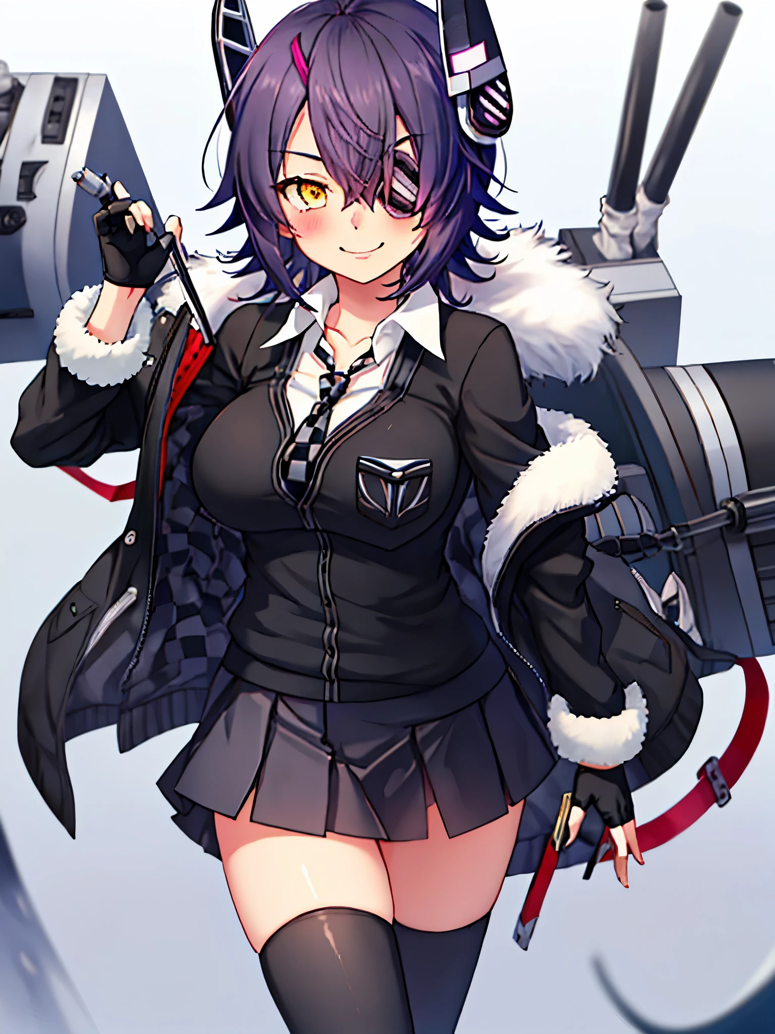 best quality, masterpiece, solo, {tenryuu_kantaicollection:1.15}, teen_girl, eyepatch, short_hair, purple_hair, yellow_eyes, headgear, breasts, necktie, large_breasts, smile, 1girl, blush, checkered_necktie, hair_over_one_eye, shirt, collared_shirt, white_shirt, jacket, sleeveless, brown_eyes, fur-trimmed_jacket, fur_trim, collarbone, looking_at_viewer, pocket, breast_pocket, , black_jacket, messy_hair, black_gloves, gloves, partially_fingerless_gloves,in_front_of_school_background,outdoor,short_skirt,thigh-highs,boots,sunlight,