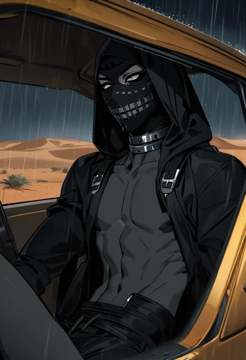Male arab modern terrorist, terrorist, black balaclava, black bandage, black clothes, thin waist, skinny body, femboy, light skin, makeup, black eyeliner, big eyelashes, black eyeshadow, metal choker, light tanned skin, inside the car, desert, rain, night