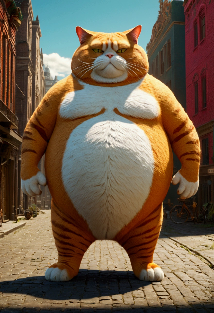 Giant fat Cat, full body, outdoor, by Dan Matutina, cinematic still, (best quality, masterpiece), very aesthetic, perfect composition, intricate details, ultra-detailed, vivid colors