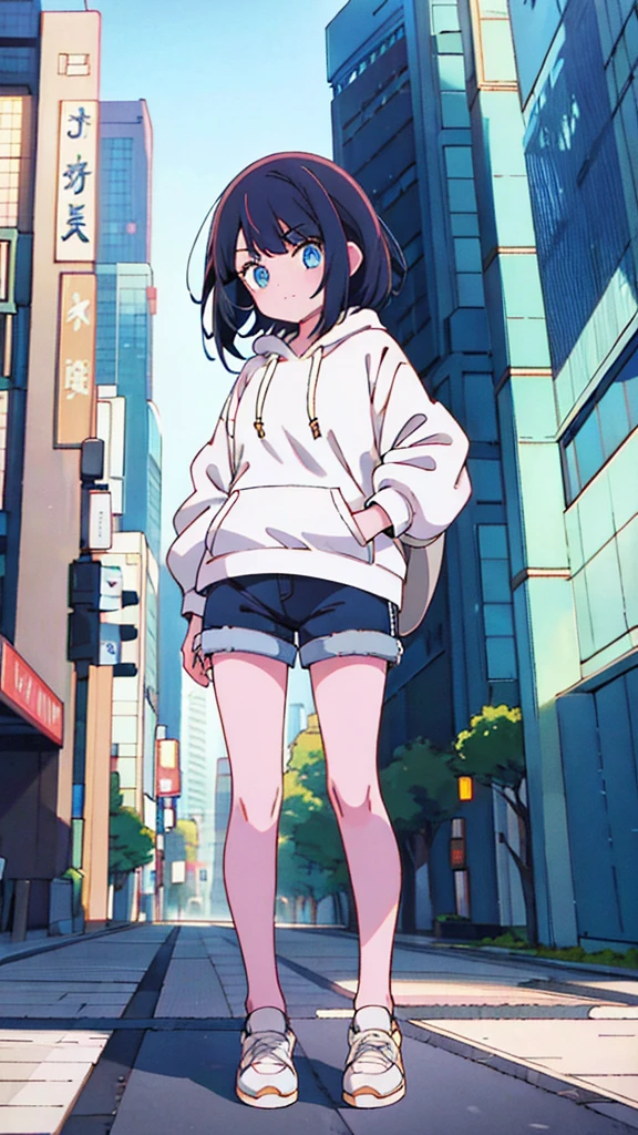 black hair, Blue eyes, girl, bob, front, whole body,White hoodie, Gray shorts,White and blue shoes,(((Anime style))),cute,Buildings,Tokyo