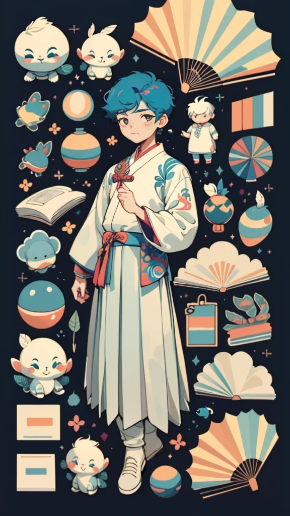 1 sticker, handbook, (2d sticker, paperdoll, 1 boy, Korean paper clothes, gorgeous collar top, pleated long skirt, embroidery, peacock, hairpin, folding fan, feather, parts split), watercolor, white background, simple background, minimal, cute, tiny, earth colors, pastel color, vector style, no gradient,