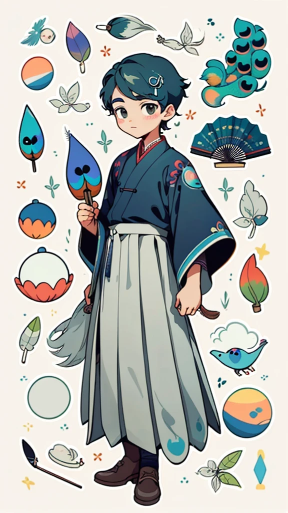1 sticker, handbook, (2d sticker, paperdoll, 1 boy, Korean paper clothes, gorgeous collar top, pleated long skirt, embroidery, peacock, hairpin, folding fan, feather, parts split), watercolor, white background, simple background, minimal, cute, tiny, earth colors, pastel color, vector style, no gradient,