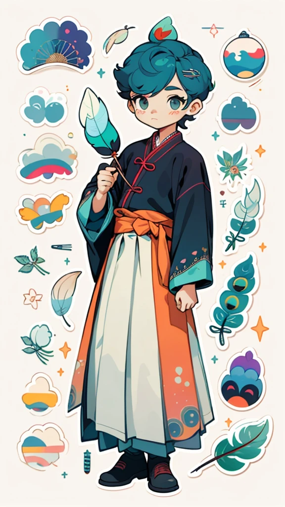 1 sticker, handbook, (2d sticker, paperdoll, 1 boy, Korean paper clothes, gorgeous collar top, pleated long skirt, embroidery, peacock, hairpin, folding fan, feather, parts split), watercolor, white background, simple background, minimal, cute, tiny, earth colors, pastel color, vector style, no gradient,