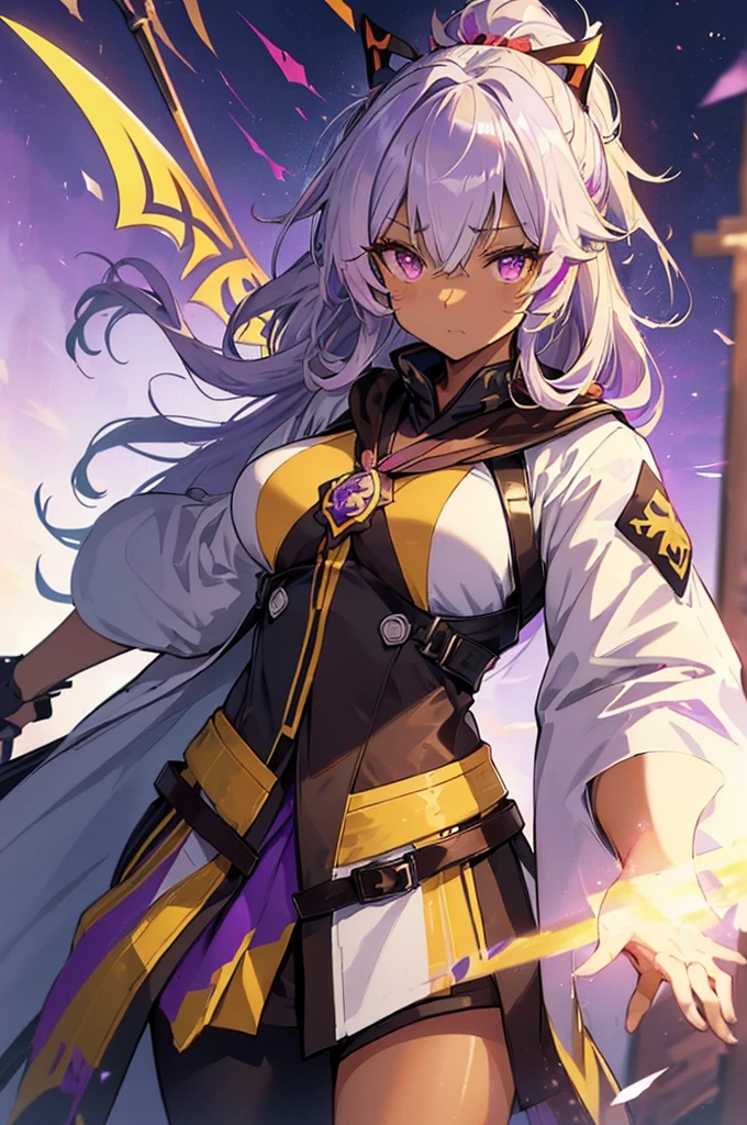 ((Prinz Eugen))、(Yae Miko)、
((Right eye is yellow、Purple left eye:1.5))、(White Hair)、
((Highest quality))、((Highly refined))、((Super detailed))、
((Sparkling Eyes))、((Ultra-high resolution))、((Ultra HD))、
masterpiece、Detailed hands、
One woman、Only one person、solo、
((uniform:1.5))、(Long coat:1.3)、
(Sleeves of priestess clothes:1.2)、
Cyberpunk clothing、
((SWAT))、((Deathscythe))、((Scythe))、
(Brown skin:1.5)、(Tan Skin:1.5)、
Ahoge、messy hair、Super long hair、
ponytail、
Saggy breasts、Long Breasts、Big Breasts、
View the model from the front、