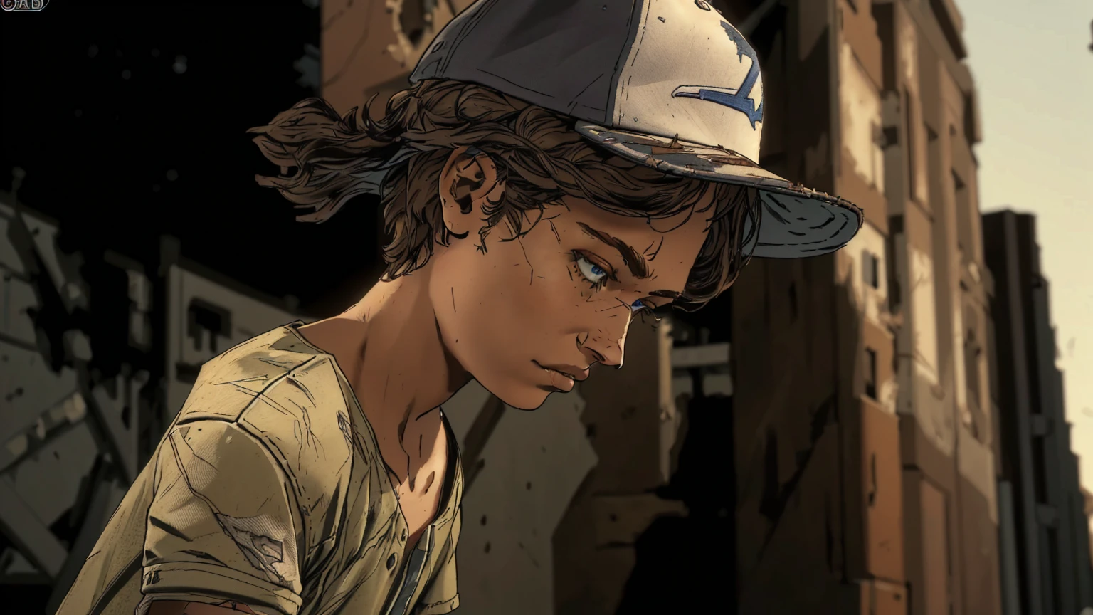 arafed young man in a baseball cap looking down at a cell phone, telltale games style, video game cutscene, hd screenshot, telltale style, super realistic”, hd remaster, uhd character details, character close up, wears a destroyed hat, ultra realistic”, ultra realistic ”, in the walking dead, high detail iconic character, next gen
