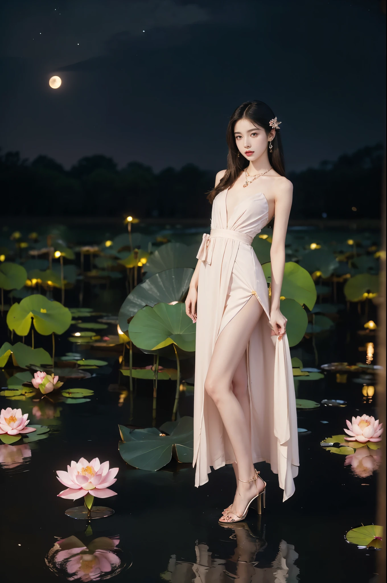 (((best quality))),(((ultra detailed))),(((masterpiece))),illustration,((1 beautiful young  girl,solo)),((slim,thin)),(shoulder length straight hair:1.2),((earrings,necklace)),((small breasts,flat chest)),(pink lotus dress:1.3),((slender legs,high heels)),(beside the lotus pond full of lotus flowers:1.3), serene moonlight, ethereal,floral pattern, water movement, billowing fabric, tranquil,petals, fireflies, magical warm light, dreams, invitation, (standing:1.3),(arms behind back:1.3),gazing, inner thoughts, emotional, sweet scent, natural beauty, solitude, hypnotic lull, eternal summer,(night scene:1.3), natural world, human spirit, celebration, backdrop, glow,(from front:1.5),(full body:1.2)