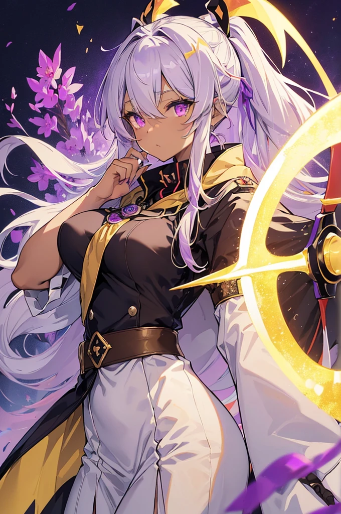 ((Prinz Eugen))、(Yae Miko)、
((Right eye is yellow、Purple left eye:1.5))、(White Hair)、
((Highest quality))、((Highly refined))、((Super detailed))、
((Sparkling Eyes))、((Ultra-high resolution))、((Ultra HD))、
masterpiece、Detailed hands、
One woman、Only one person、solo、
((uniform:1.5))、(Long coat:1.3)、
(Sleeves of priestess clothes:1.2)、
Cyberpunk clothing、
((SWAT))、
((Have a Death Scythe))、((Holding a scythe))、
(Brown skin:1.5)、(Tan Skin:1.5)、
Ahoge、messy hair、Super long hair、 
ponytail、
Saggy breasts、Long Breasts、Big Breasts、
View the model from the front、