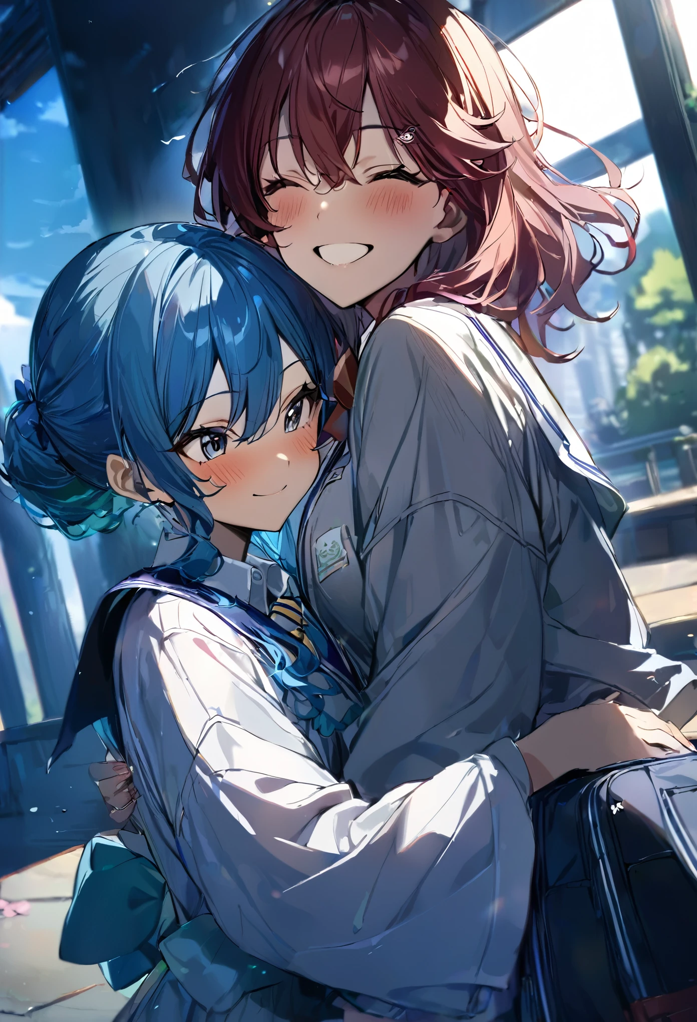 (((2girls))), together, two people, masterpiece, best quality, integrated scenery, integrated background, extremely delicate and beautiful, meticulous details, good composition, closed_eyes, cute face, perfect face, perfect hands, fingernails, sakura miko, SakuraMiko, HoshimachiSuisei, hoshimachi suisei, blurry background, sunlight, light blush, ((school)), upper body, looking each other, smile, , (hugging each other),in_school,sunlight,kissing,happiness,
