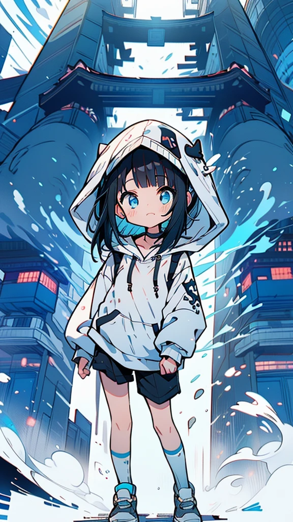 black hair, Blue eyes, girl, bob, front, whole body,White hoodie, Gray shorts,White and blue shoes,(((Anime style))),cute,Buildings,Tokyo