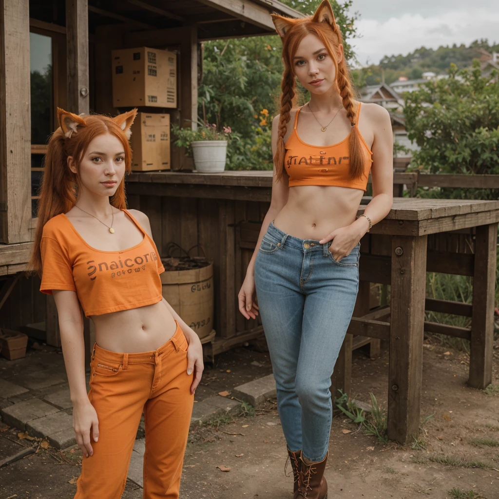 Cute catgirl, 31 years old, 5' 9" tall, long tail covered in orange fur, cat ears, flowing ginger hair in pigtails, bright gree eyes that shimmer like emeralds, fair skin, orange cropped t-shirt, green low rise jeans, black boots, jewelry, accessories, standing in front of a coastline, well lit, extremely detailed, 8k UHD