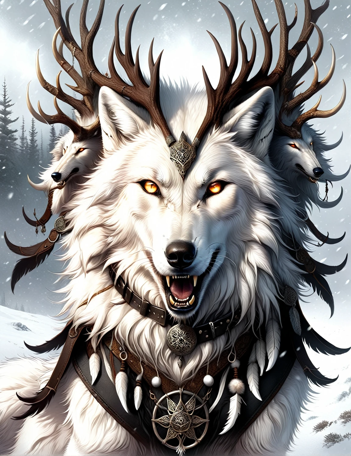 AntlerStyle, A powerful white wolf, angry expression, wearing an ornate leather collar, its eyes ablaze, nostrils flaring, mouth open, close-up, charges towards the viewer through a blizzard-filled landscape, fur whipped by the wind as it runs, creating an impressive display of snow flying around its fury form, highly detailed eyes, style of Wlop and Greg Rutkowski and Guweiz,