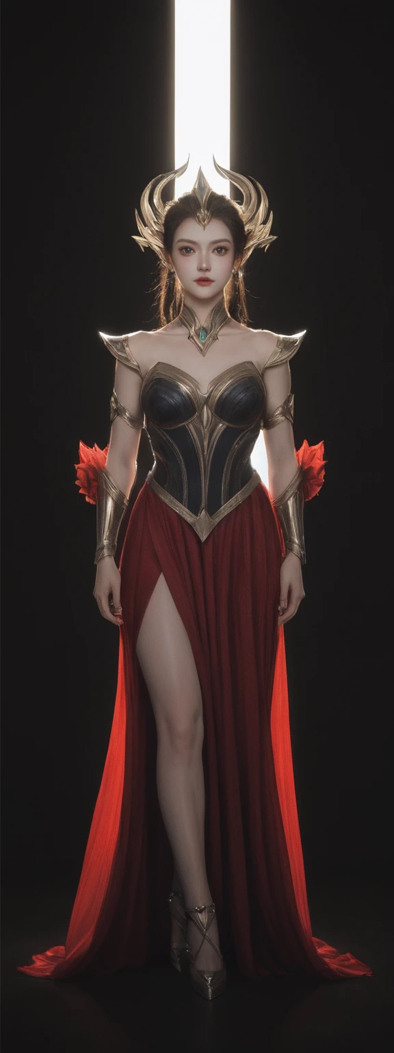cinematic film, Realistic photograph,realistic, score_9, score_8_up, score_7_up, score_6_up,
1girl, solo, from front, full body, Zed \(league of legends\), black background, makeup, sidelighting, backlighting, glowing,