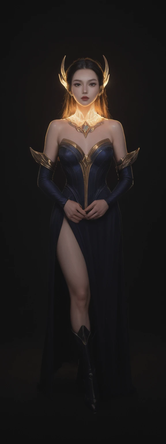cinematic film, Realistic photograph,realistic, score_9, score_8_up, score_7_up, score_6_up,
1girl, solo, from front, full body, Zed \(league of legends\), black background, makeup, sidelighting, backlighting, glowing,