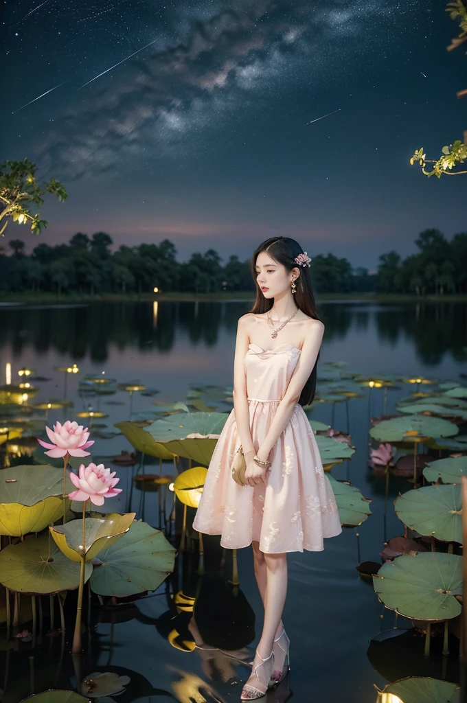 (((best quality))),(((ultra detailed))),(((masterpiece))),illustration,((1 beautiful young girl,solo)),((slim,thin)),(shoulder length straight hair:1.2),((earrings,necklace)),((small breasts,flat chest)),(pink lotus dress:1.3),((slender legs,high heels)),(beside the lotus pond full of lotus flowers:1.3), serene moonlight, ethereal,floral pattern, water movement, billowing fabric, tranquil,petals, fireflies, magical warm light, dreams, invitation, (standing:1.3),(arms behind back:1.3),gazing, inner thoughts, emotional, sweet scent, natural beauty, solitude, hypnotic lull, eternal summer,(night scene:1.3), natural world, human spirit, celebration, backdrop, glow,(from front:1.5),(full body:1.2)