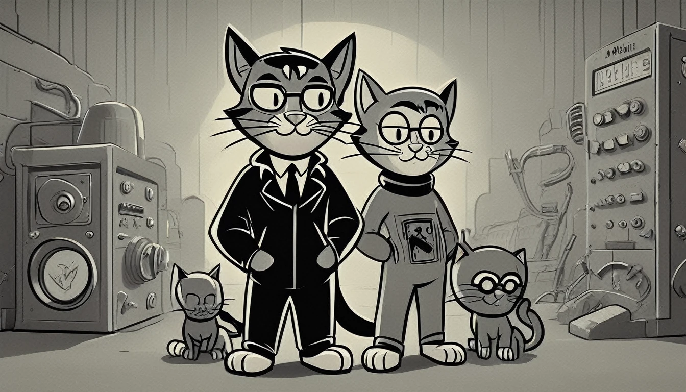 Generate an image in the style of a 1950s and 1960s advertisement featuring: personagem: two cats (like the vault boy) professioals hackers, like a super hero squad using a black hoodie and black glasses. The background should be simple with computers and uncluttered. Use only this cores: limited color palette of gray tones Use: clear lines, thick lines, and bold outlines
