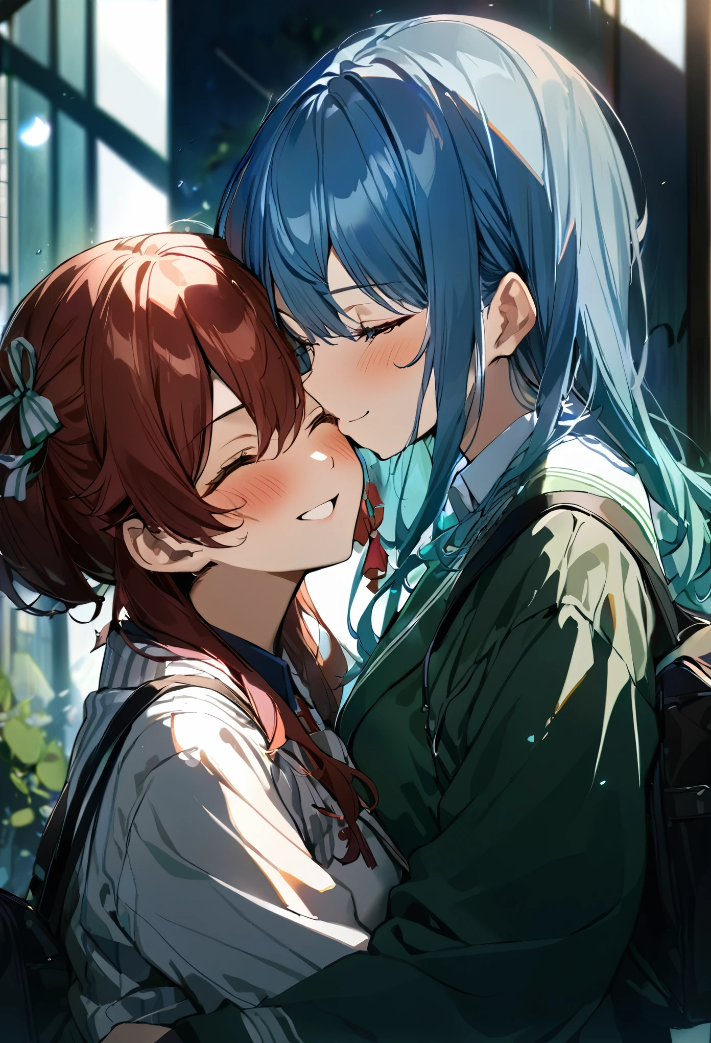 (((2girls))), together, two people, masterpiece, best quality, integrated scenery, integrated background, extremely delicate and beautiful, meticulous details, good composition, closed_eyes, cute face, perfect face, perfect hands, fingernails, sakura miko, SakuraMiko, HoshimachiSuisei, hoshimachi suisei, blurry background, sunlight, light blush, ((school)), upper body, looking each other, smile, , (hugging each other),in_school,sunlight,kissing,happiness,