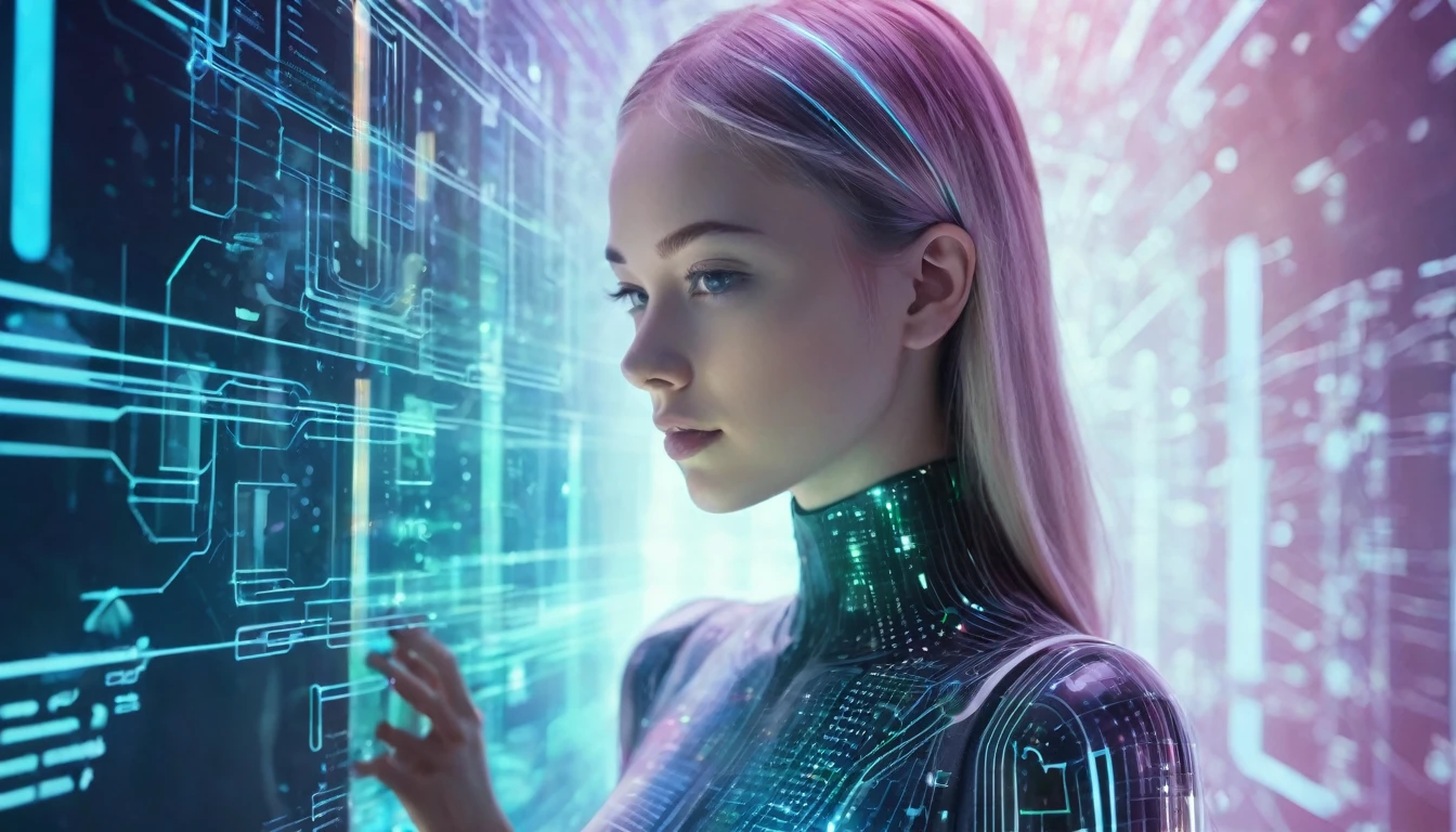 beautiful transparent holographic girl, in the futuristic lab computer, futuristic elektronics background, matrix number background