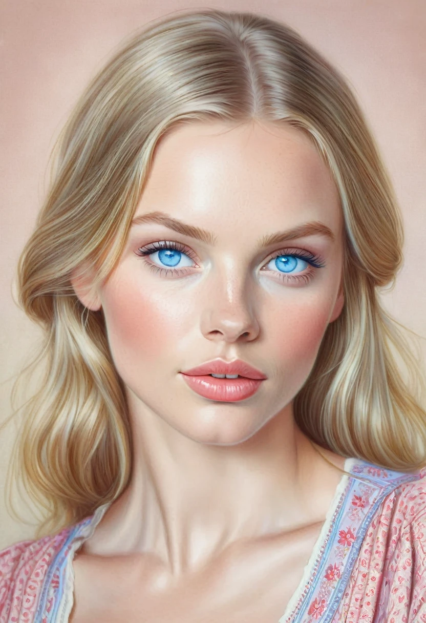 A colored pencil sketch of a beautiful swedish farm wife. crystal blue eyes. rosy complexion. full lips.
